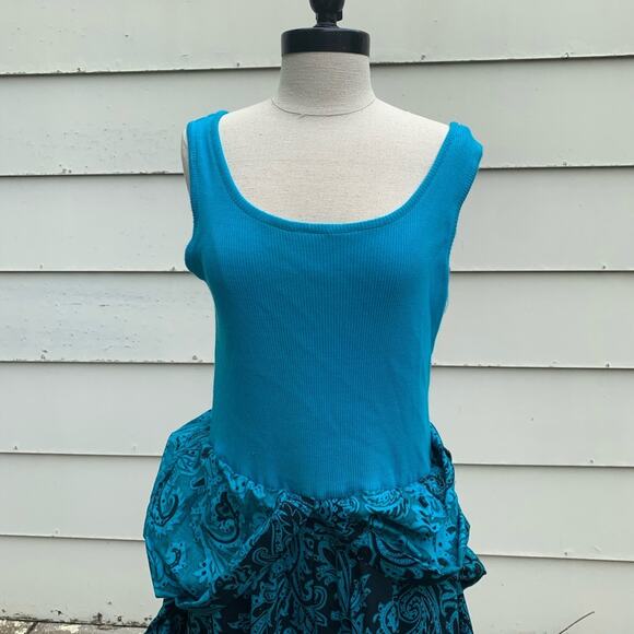 Vintage 90s Paisley Jersey tank shirt overlay dress teal black LARGE? - Picture 4 of 7